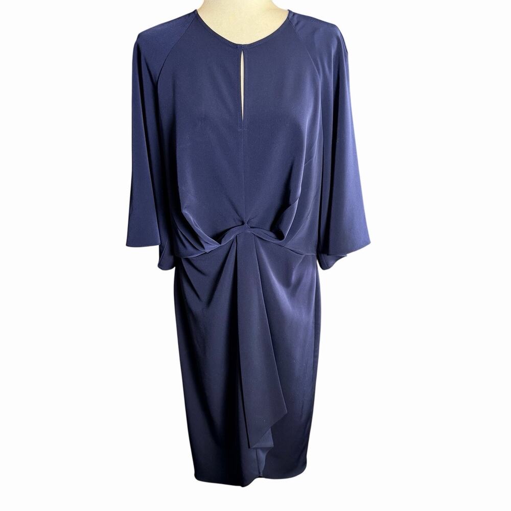 Muggy London Blue Midi Dress Front Twist Sz 14 3/4 Sleeves Classic Careerm